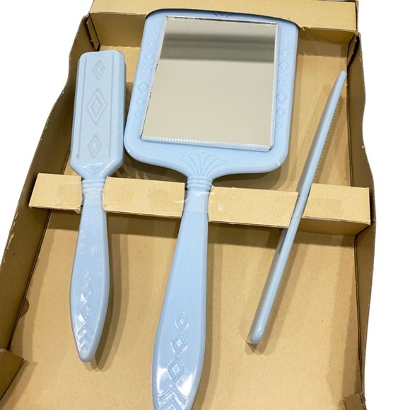 Rare Vintage Jr. Miss Plastic Blue Kid Vanity Set Original Box Brush Comb Mirror - Picture 3 of 6